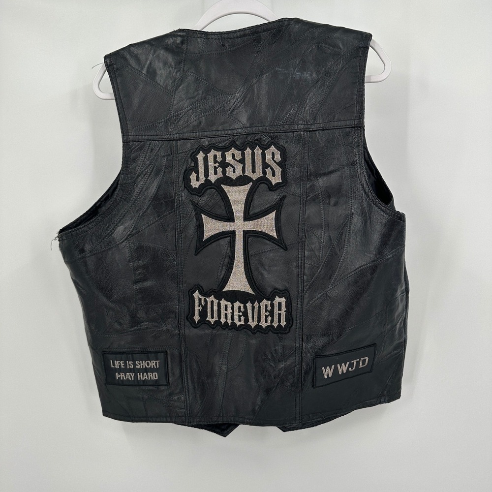 Navarre Leather Mens Leather Vest Sz L Christian Biker Patchwork Genuine Leather - Picture 2 of 7